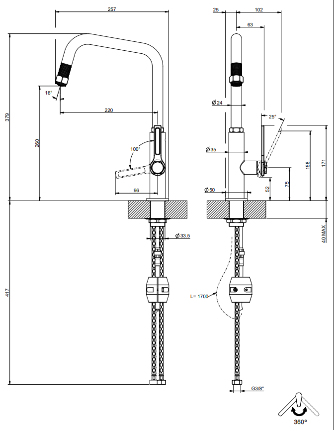 Disegno tecnico con quote di Miscelatore Cucina Monocomando Con Canna Girevole E