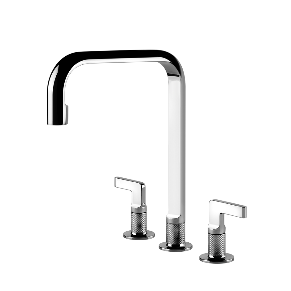 Rubinetto Cucina A 3 Fori Con Canna Girevole Cromo inciso installato su lavello, vista della bocca e della leva