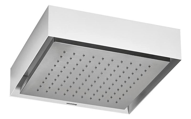 Antonio Lupi Fuorimeteo Soffione 35x35 A Soffitto Bianco E Bianco Cromo, vista frontale della maniglia e della bocca di...