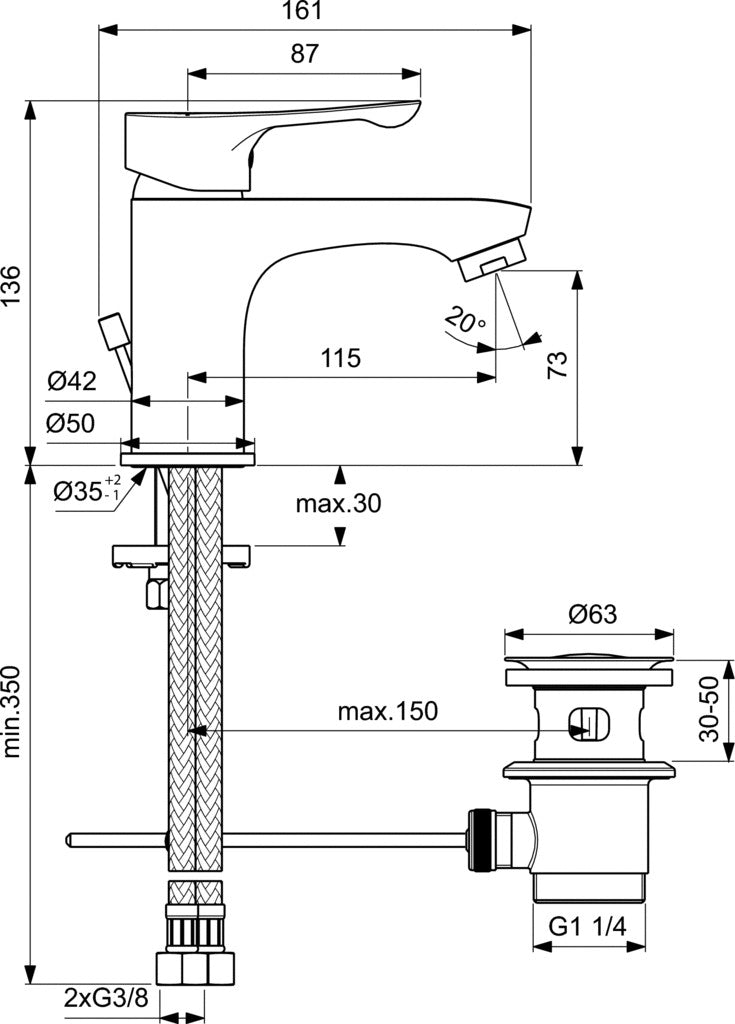 Ideal Standard Alpha Rubinetto Lavabo Con Piletta Cromo, vista laterale del profilo e della forma