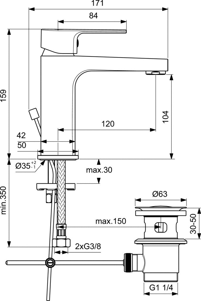 Ideal Standard Cerafine D H105 gruppo Lavabo Con Piletta Cromo, vista laterale del profilo e della forma