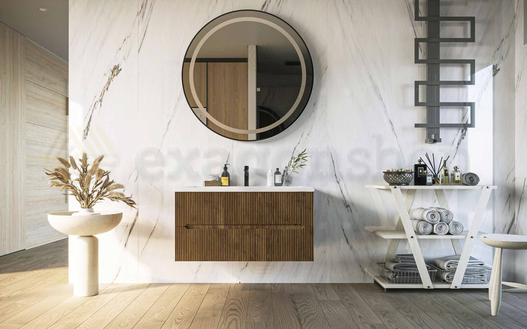 Mobile bagno noce chiaro 90x46 cannettato Urbino con lavabo, vista laterale della struttura sospesa - Exagonshop
