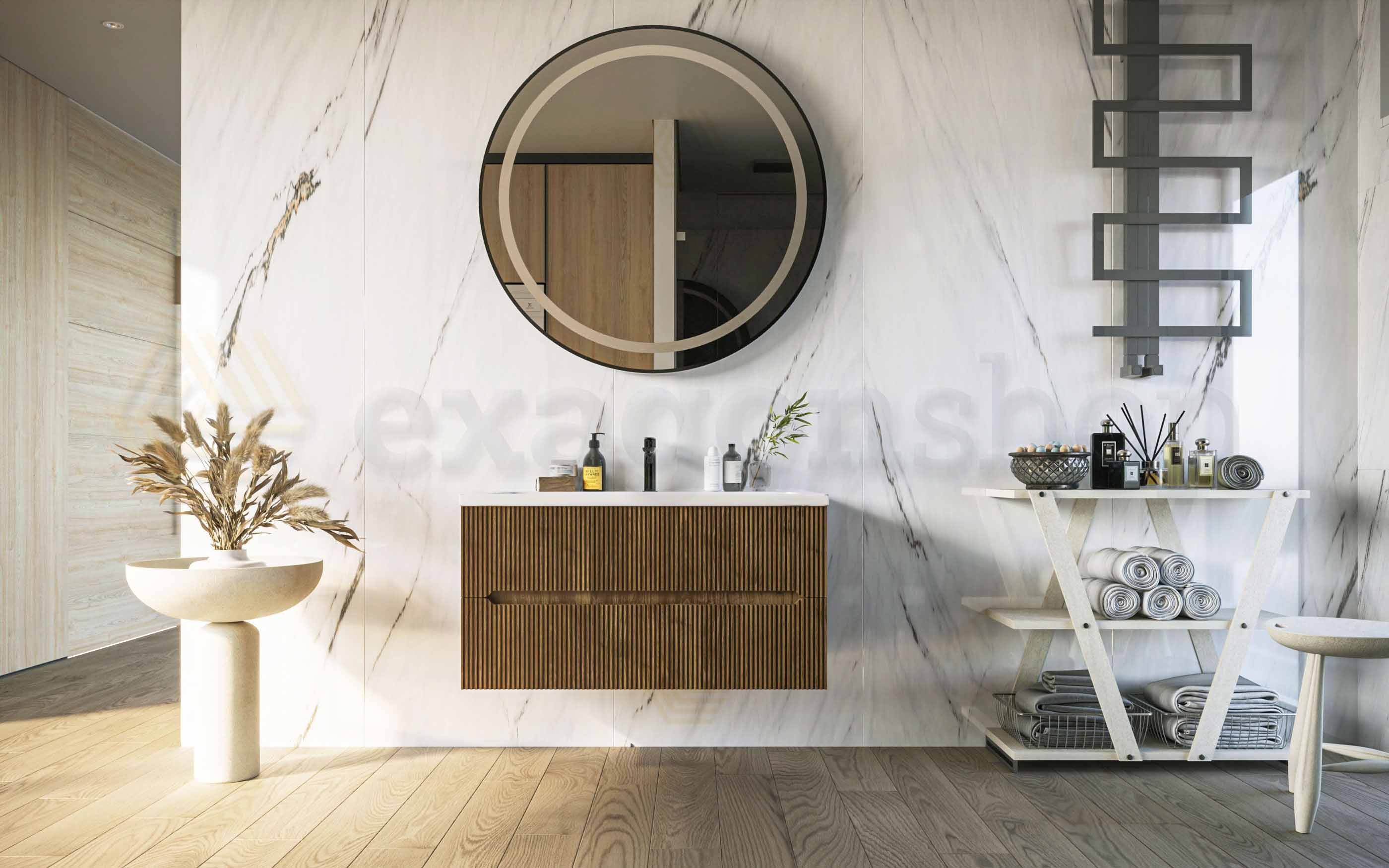 Mobile bagno noce chiaro 90x46 cannettato Urbino con lavabo, vista laterale della struttura sospesa - Exagonshop