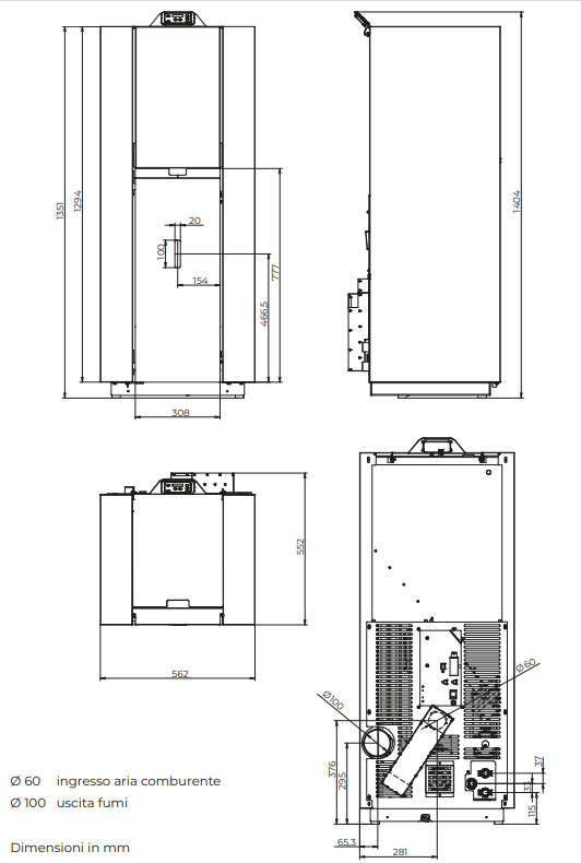 Stufa A Pellet Idro 19.7 kw In Acciaio Rosso Serbatoio 55, vista laterale che mostra profilo e dimensioni