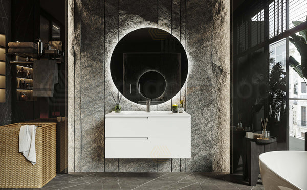 Mobile bagno 90x46 Bianco opaco Sorrento con maniglia sinistra e lavabo in ceramica