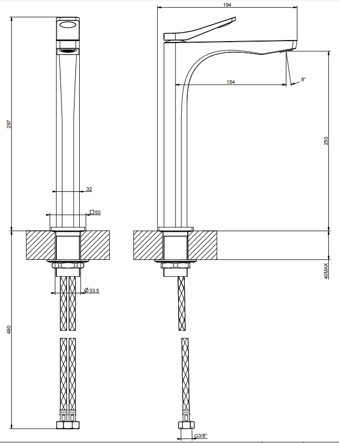 Gessi Rilievo Miscelatore Lavabo Alto Senza Scarico cromo Cromo Lucido, vista frontale su sfondo bianco