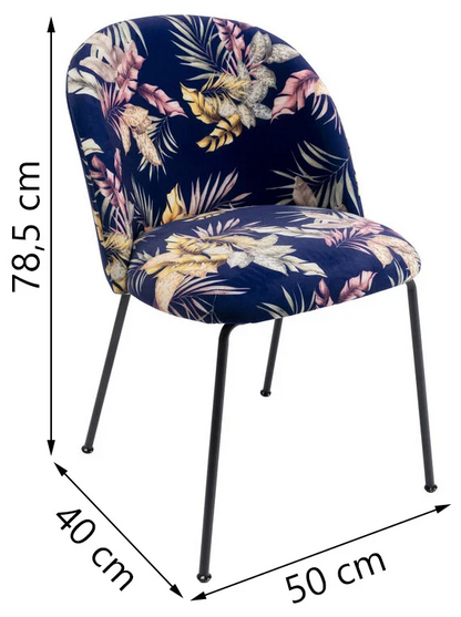 Cecil Flower sedia da arredo con gambe in acciaio nero e tessuto motivo floreale blu notte