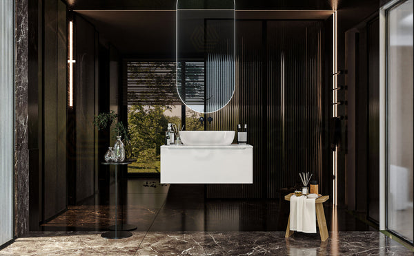 Mobile Bagno bianco opaco 90x50 Amalfi Un Cassetto e Lavabo da appoggio in ceramica
