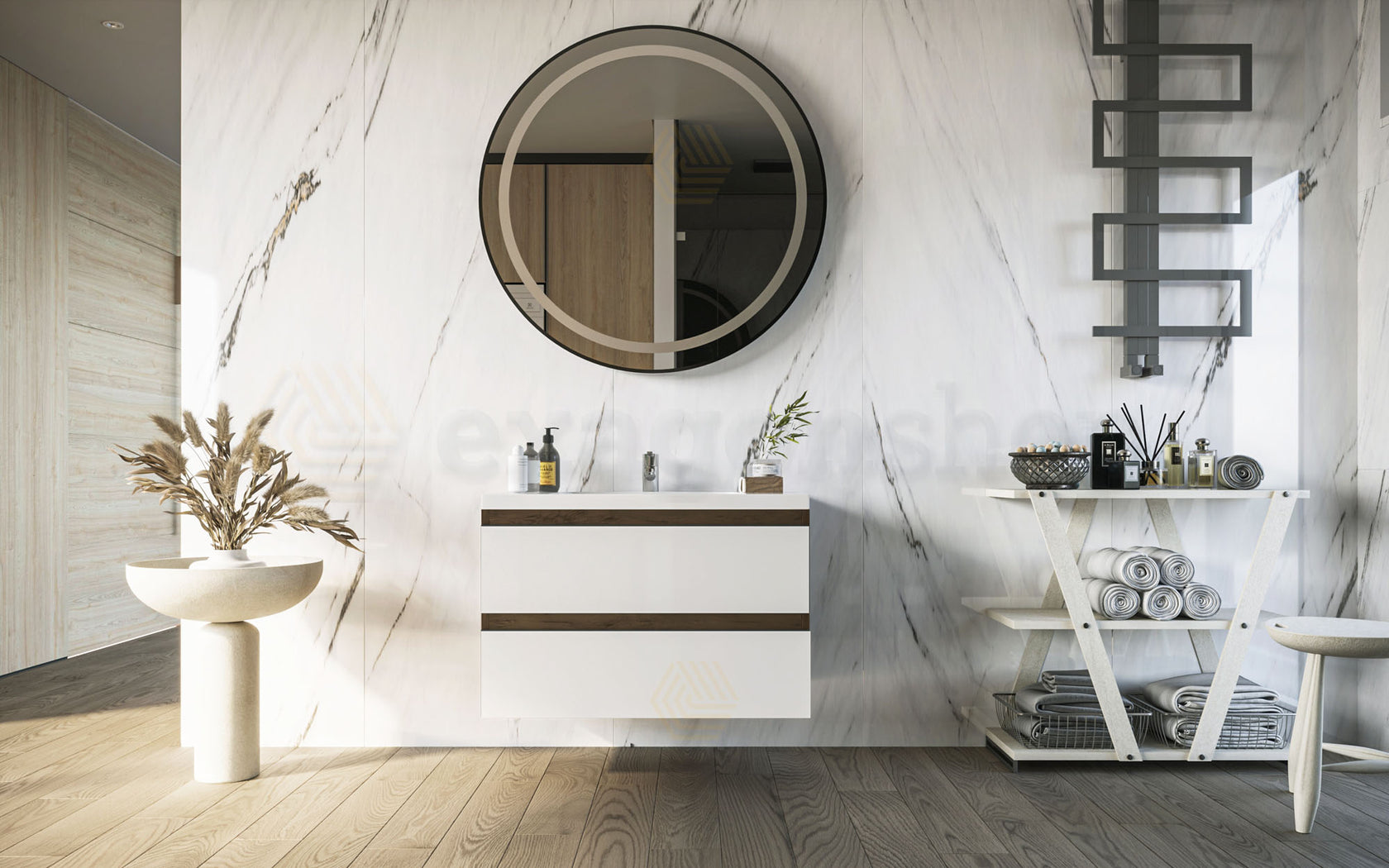 Mobile bagno 80x46 wenge bianco lucido Milo lavabo lucido Noce Scuro con lavabo e rubinetteria, vista frontale su sfondo...