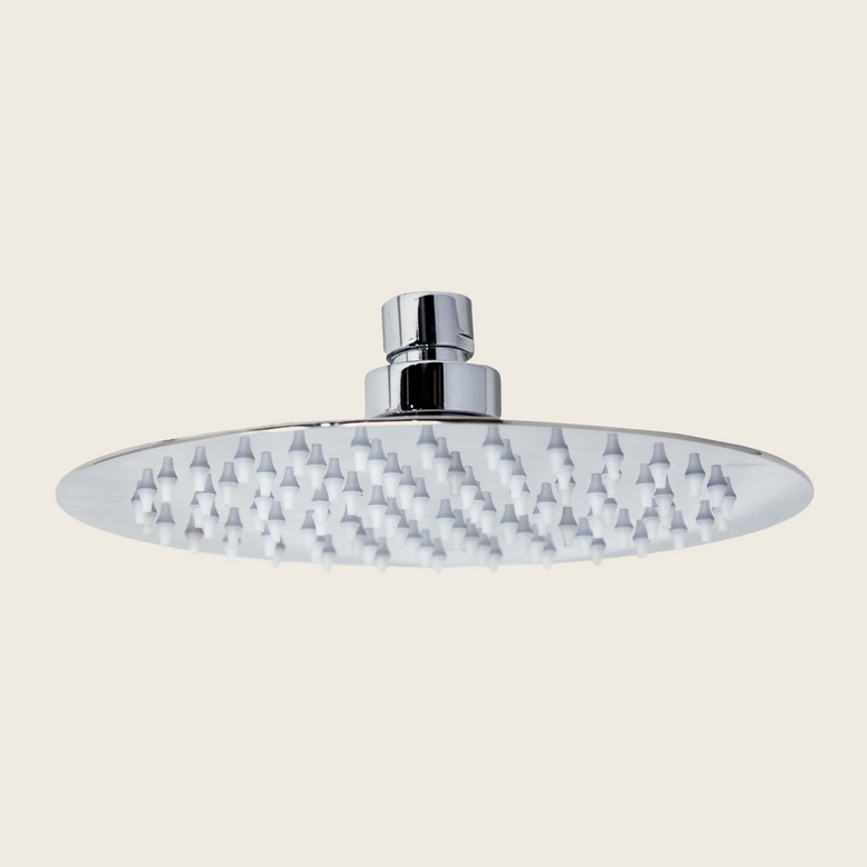Soffione Doccia 20 cm tondo Slim 2 mm in Acciaio Smart Ottone, vista frontale della maniglia e della bocca di erogazione...