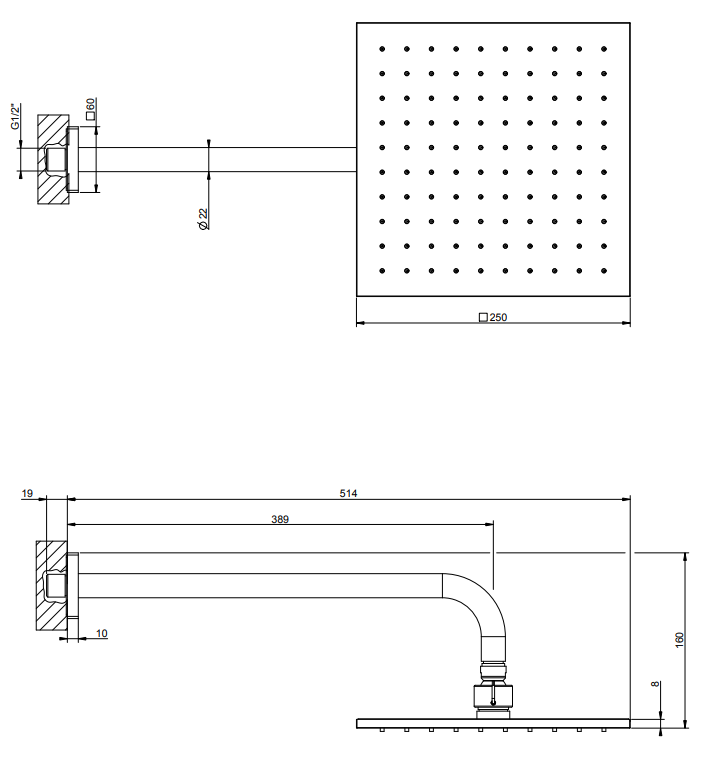 Gessi Rilievo Soffione 25x25 quadro braccio A Parete Cromo Cromo Lucido, dettaglio ravvicinato della finitura e del marchio
