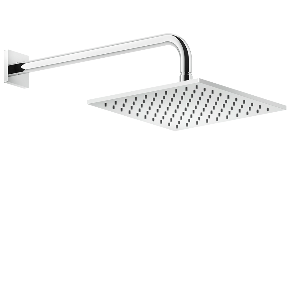Gessi Rilievo Soffione 25x25 quadro braccio A Parete Cromo Cromo Lucido, vista frontale della maniglia e della bocca di...