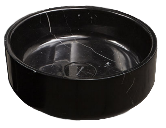Antonio Lupi Opale Lavabo 50 cm Tondo In Nero Marquinia in pietra naturale ambientato su piano bagno con accessori...