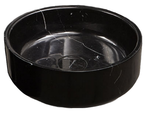 Antonio Lupi Opale Lavabo 50 cm Tondo In Nero Marquinia in pietra naturale ambientato su piano bagno con accessori...