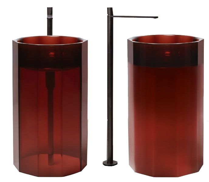 Antonio Lupi Vitreo Lavabo 50 cm Decagonale in Cristalmood ambientato su piano bagno con accessori - Antonio Lupi Design