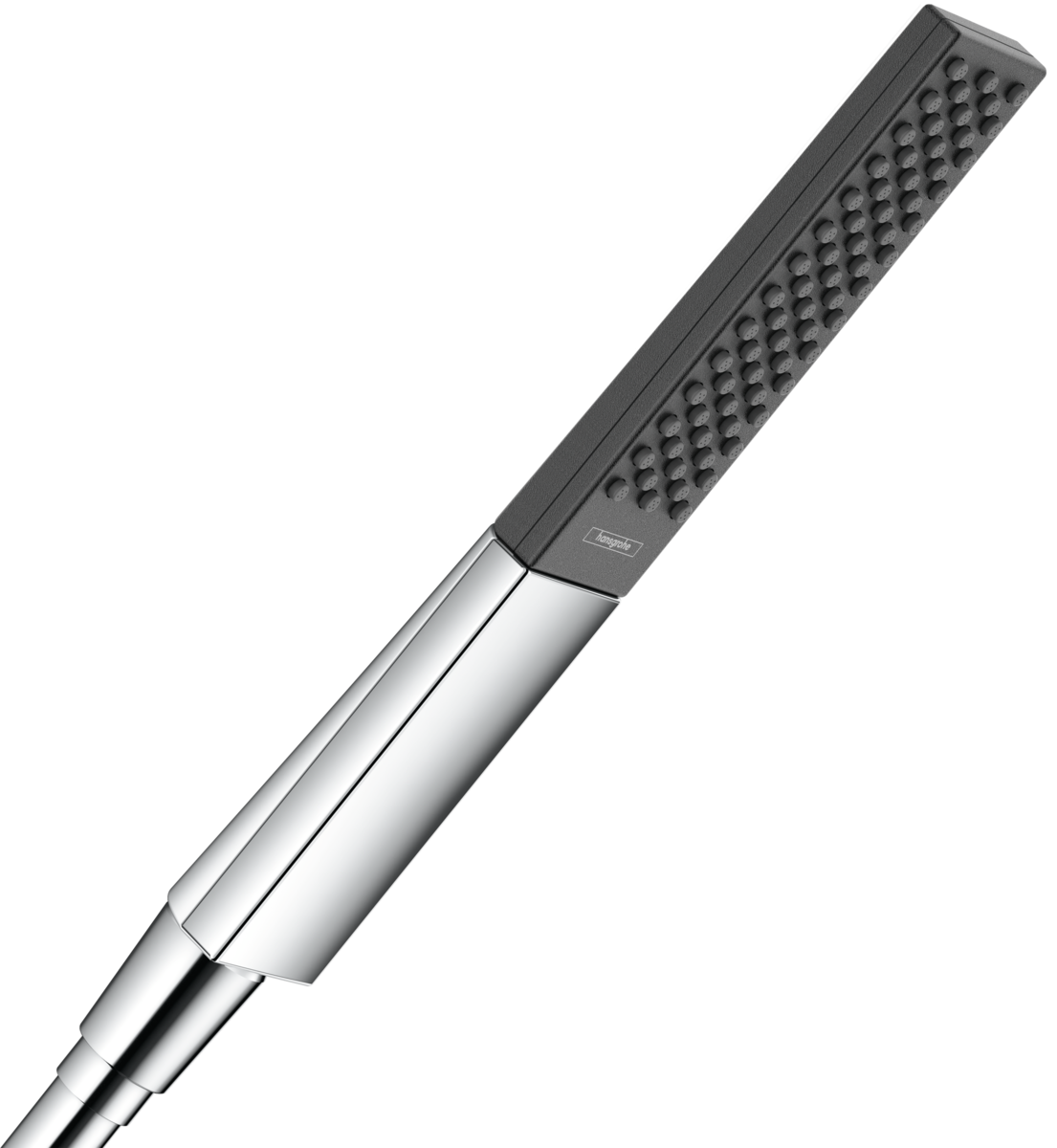Doccetta 100 1jet Ecosmart Cromo Hansgrohe Rainfinity Cromo Grafite, vista frontale della maniglia e della bocca di...