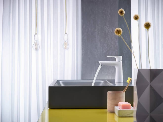 Hansgrohe Talis E Miscelatore Lavabo 110 Con Saltarello, vista laterale del profilo e della forma