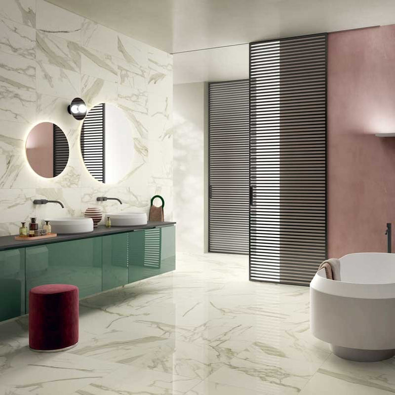 Blustyle Elite Pavimento Rivestimento Effetto Marmo 60x60 Calacatta S Elt, dettaglio ravvicinato della finitura e delle fughe