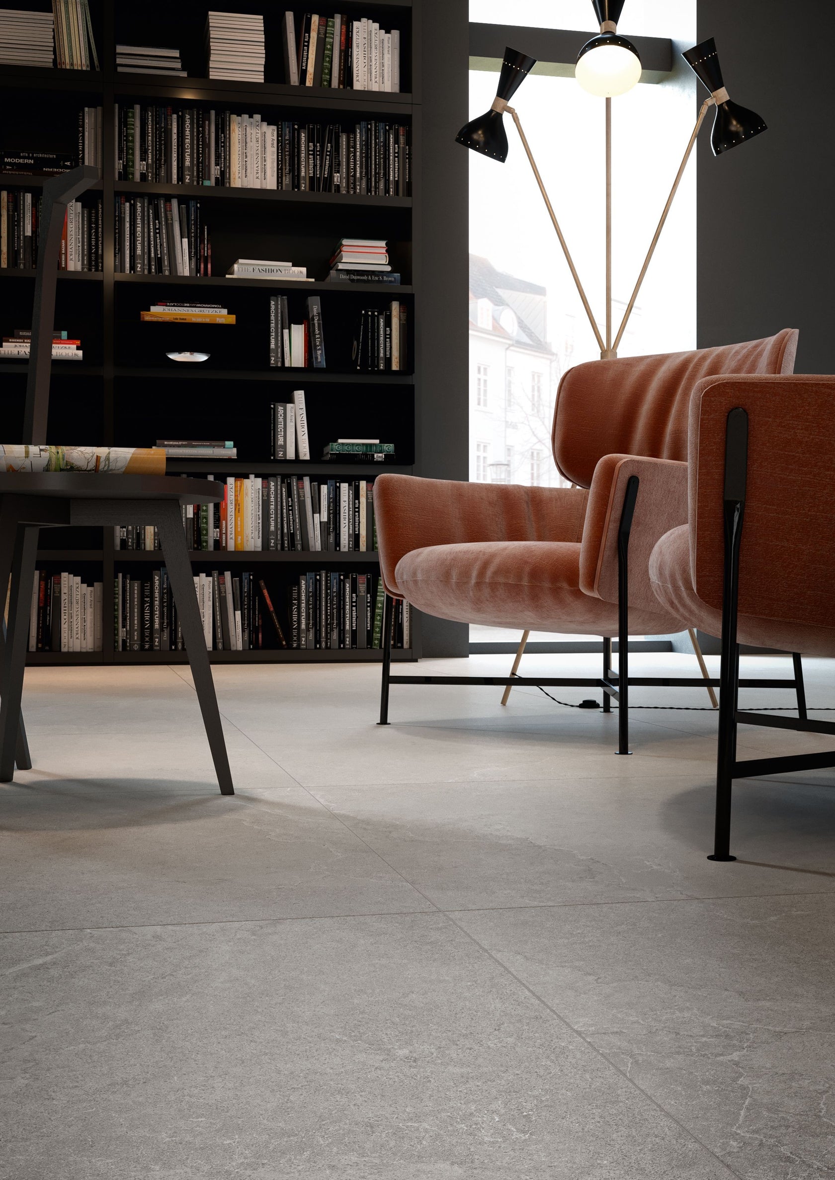 Cotto D'Este Kerlite Lithos 6plus Pavimento Rivestimento Stone Lt posata in ambiente arredato, dettaglio della venatura...