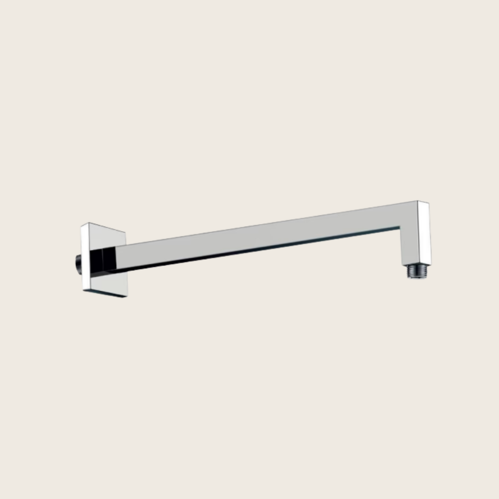 Braccio Doccia quadro 33 cm Acciaio Cromato, vista frontale della maniglia e della bocca di erogazione - Exagonshop