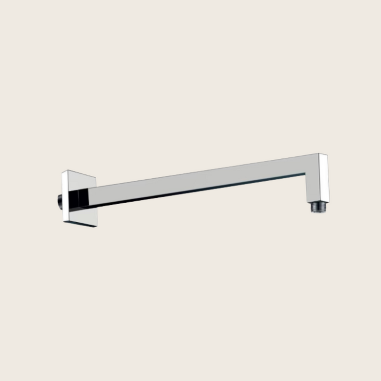 Braccio Doccia quadro 33 cm Acciaio Cromato, vista frontale della maniglia e della bocca di erogazione - Exagonshop