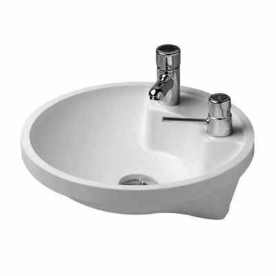 Lavabo tondo 40 cm da Incasso sottopiano Monoforo Bianco ambientato su piano bagno con accessori