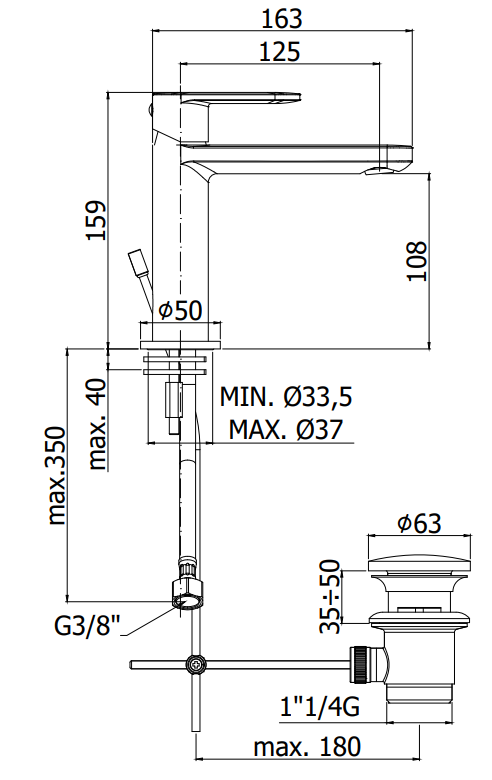 Paffoni Candy Ca071hk Miscelatore lavabo con Scarico Clic, vista laterale del profilo e della forma