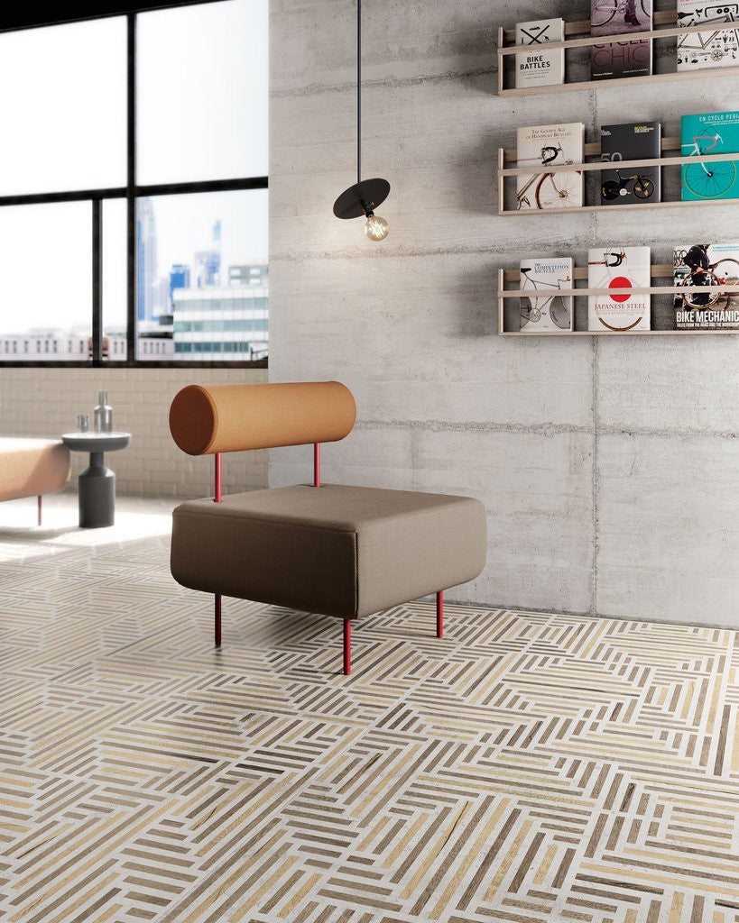 Pavimento Rivestimento 90x90 decoro Effetto Cemento Gres posata in ambiente arredato, dettaglio della venatura