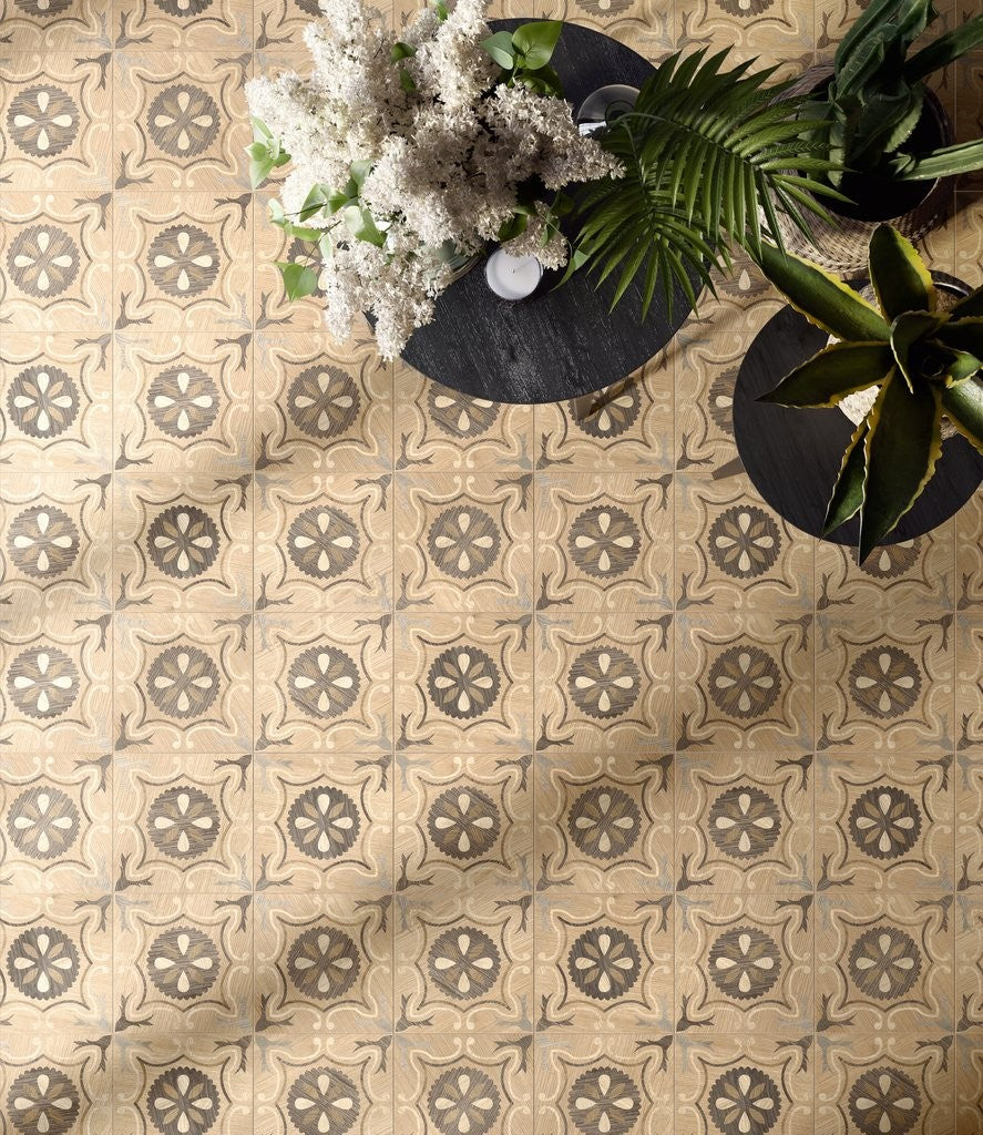 Pavimento 20x20 decorativo Effetto Legno In Gres in ambientazione completa, vista d'insieme della stanza