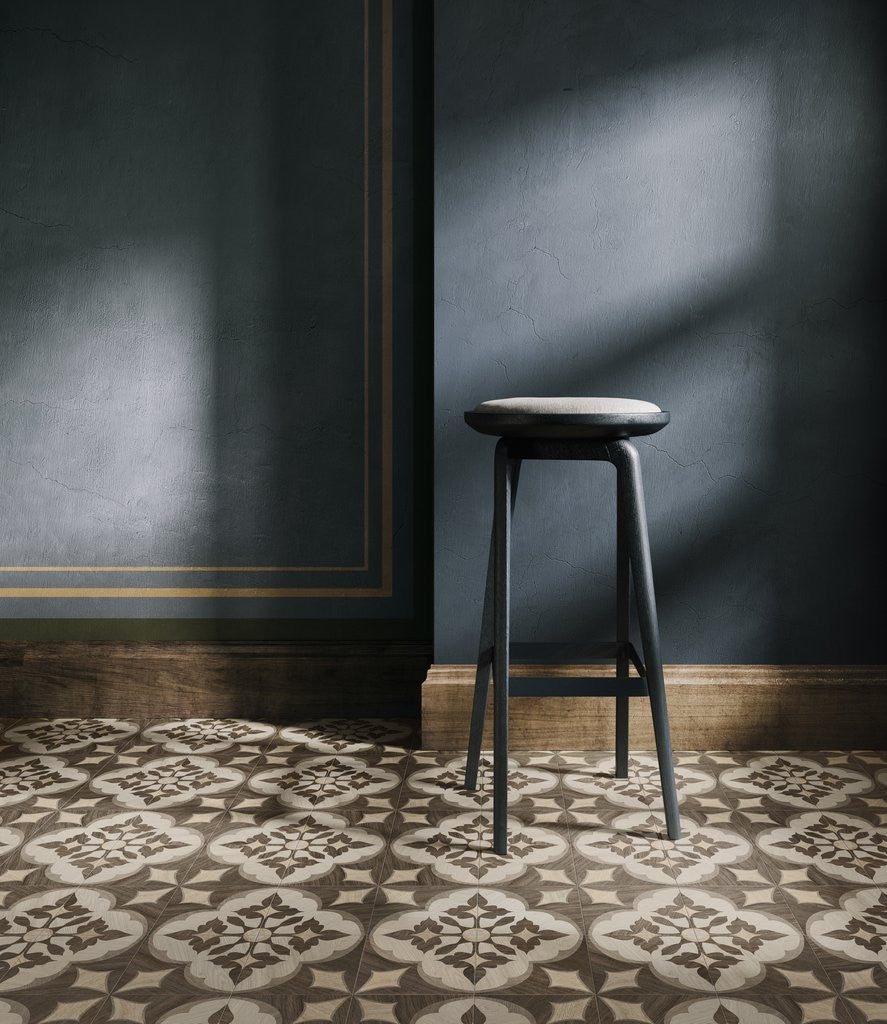 Pavimento 20x20 con decoro Effetto Legno In Gres posata in ambiente arredato, dettaglio della venatura