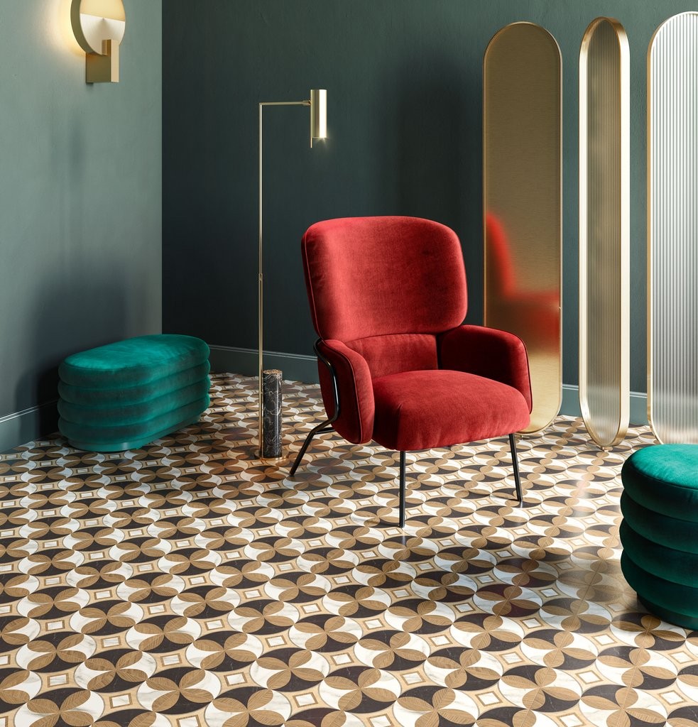 Pavimento 20x20 con decoro Effetto Legno In Gres posata in ambiente arredato, dettaglio della venatura