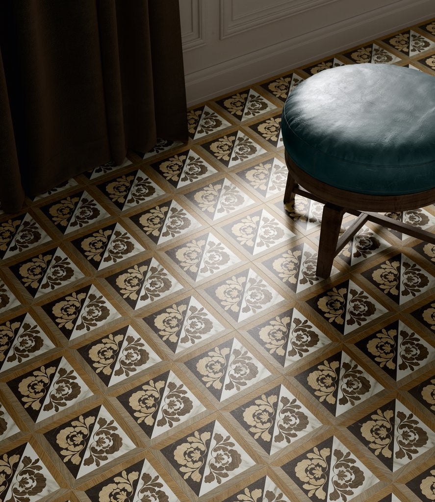 Pavimento decorativo 20x20 Effetto Legno In Gres posata in ambiente arredato, dettaglio della venatura