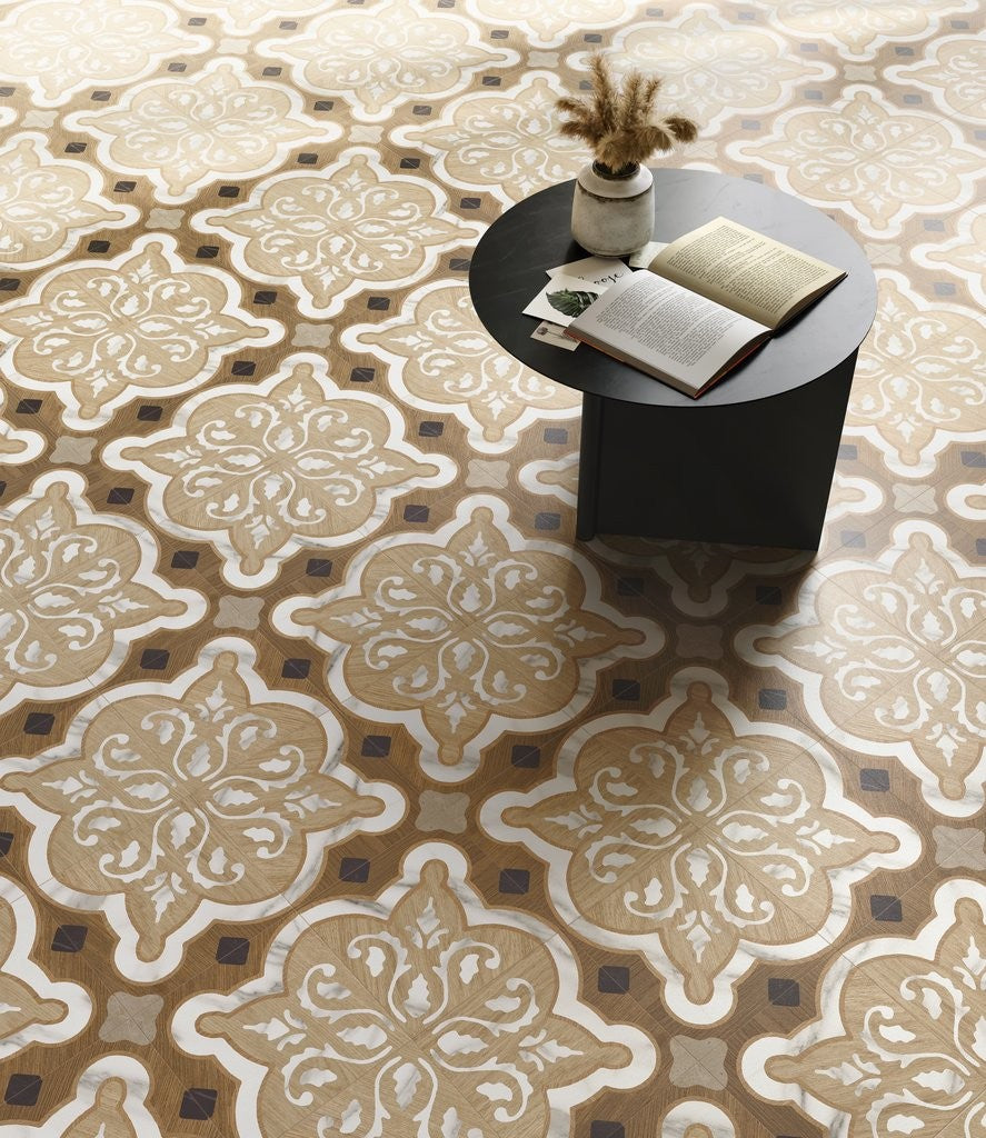 Pavimento 20x20 con decoro Effetto Legno In Gres posata in ambiente arredato, dettaglio della venatura