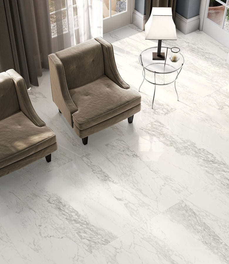 Pavimento Rivestimento 73X296 mm Effetto Marmo In Gres Arabescato Kry posata in ambiente arredato, dettaglio della venatura