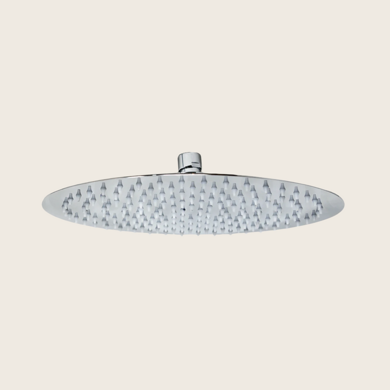 Soffione Doccia 30 cm tondo Slim 2 mm in Acciaio Smart Ottone Cromo, vista frontale della maniglia e della bocca di...