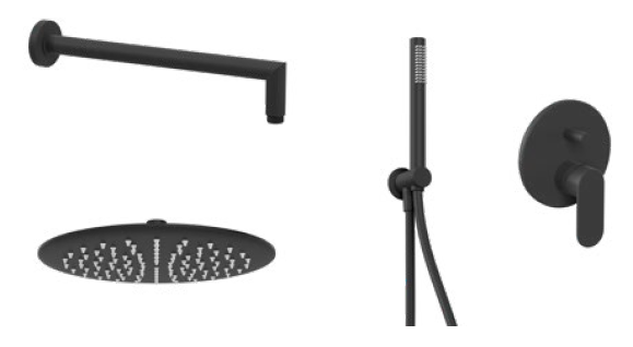 Ponsi Versilia kit doccia con soffione 25 cm tondo, dettaglio ravvicinato della finitura e del marchio - Rubinetterie...