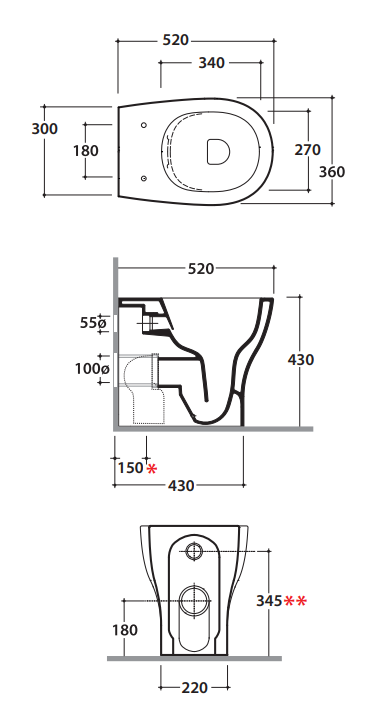 Ceramica Globo Grace Wc a pavimento con Scarico A Parete visto dall'alto con scarico e interno visibili