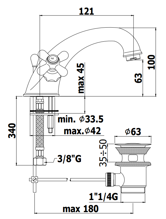 Paffoni Iris IRV065 gruppo lavabo classico con scarico, vista laterale del profilo e della forma