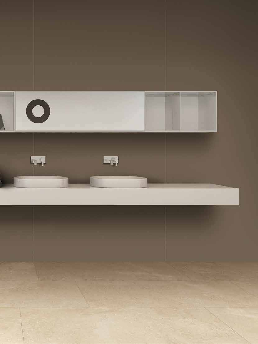 Cerim Elemental Stone Pavimento Rivestimento 120x120 Cm Cream Limest Lucido posata in ambiente arredato, dettaglio della...