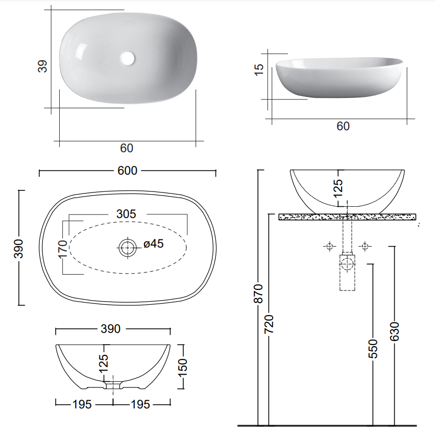 Lavabo 60x39 Da Appoggio Curry Lucido Milk Extreme Nic ambientato su piano bagno con accessori - Nic Design