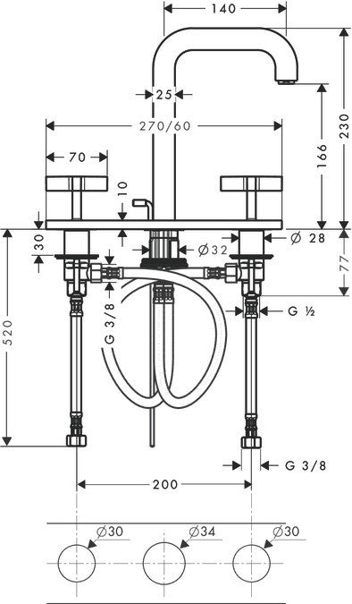 Hansgrohe Citterio Gruppo Lavabo 3 Fori maniglie a croce, vista frontale su sfondo bianco