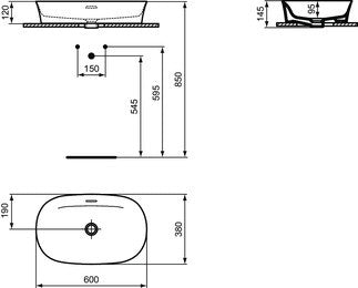 Lavabo Ovale 60x38 Da Appoggio Senza Foro Bianco Ipalyss, vista frontale su sfondo bianco