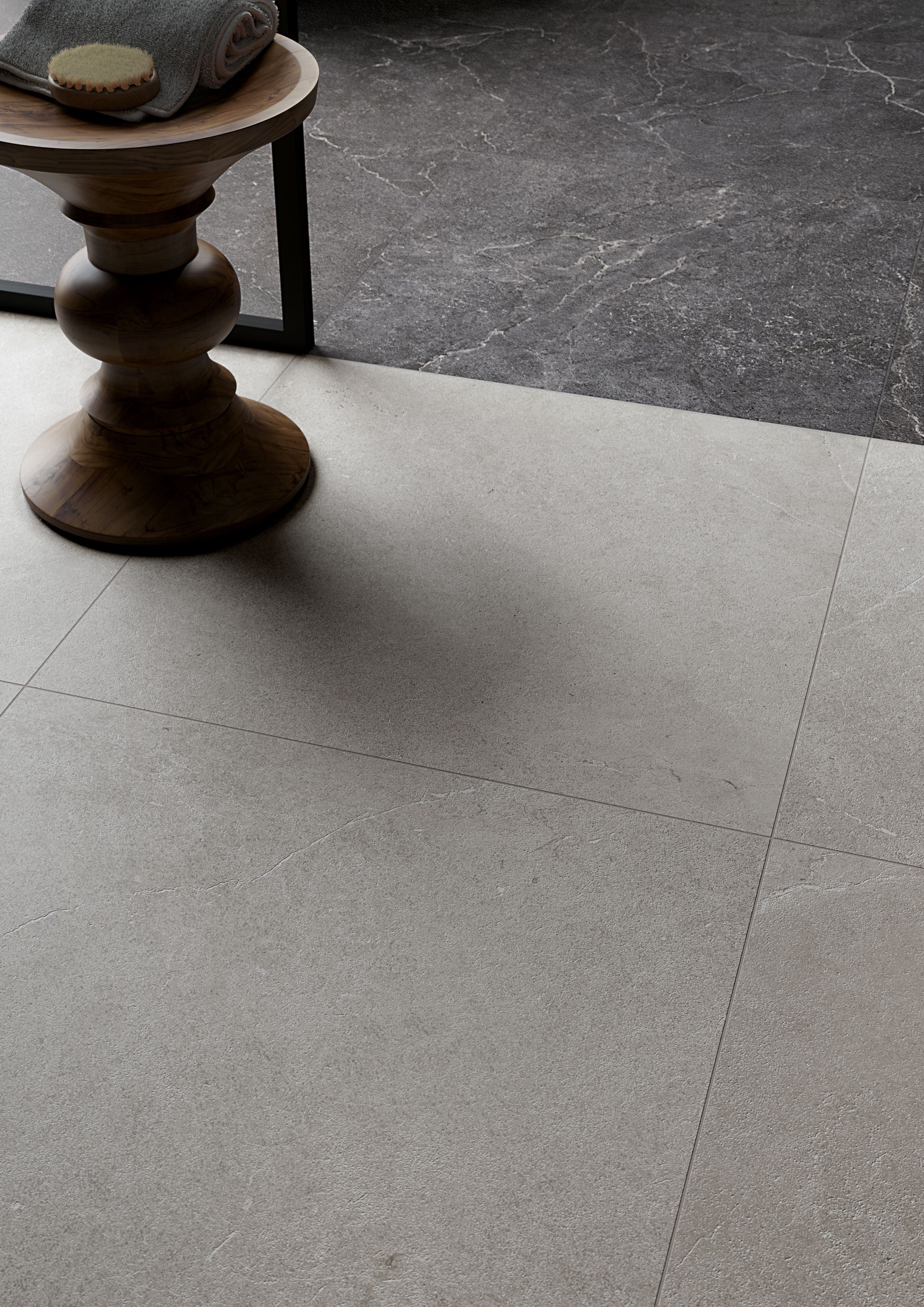 Cotto D'Este Lithos Pavimento Rivestimento 90x90 Cm 14 Mm Carbon Lt posata in ambiente arredato, dettaglio della venatura...