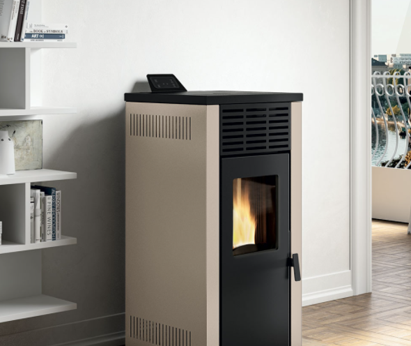 Royal Jada 6 Stufa A Pellet Ad Aria 6 Kw In Acciaio Beige, vista laterale che mostra profilo e dimensioni