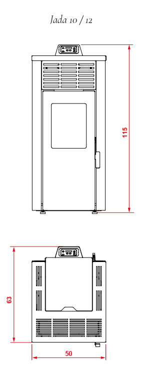 Royal Jada 10 Stufa A Pellet Ad Aria 10 Kw Serbatoio 27 Kg, vista laterale che mostra profilo e dimensioni