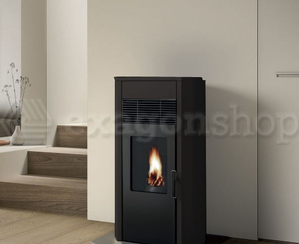 Royal Roberta E Air 120 Stufa A Pellet Ermetica Ad Aria Con in ceramica accesa in soggiorno, fiamma visibile attraverso...