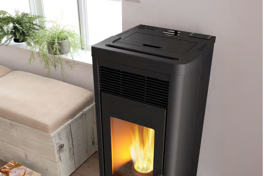 Royal Lea Air 120 Stufa A Pellet Ad Aria Con Top In, vista laterale che mostra profilo e dimensioni