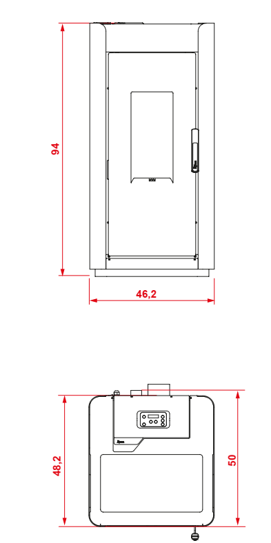 Royal Ilde Air 80 Stufa A Pellet Ad Aria 8kw In Acciaio Nero, vista laterale che mostra profilo e dimensioni