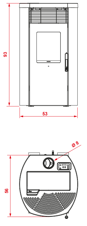 Royal rondine air 60 us stufa a pellet ad aria uscita fumi, vista laterale che mostra profilo e dimensioni