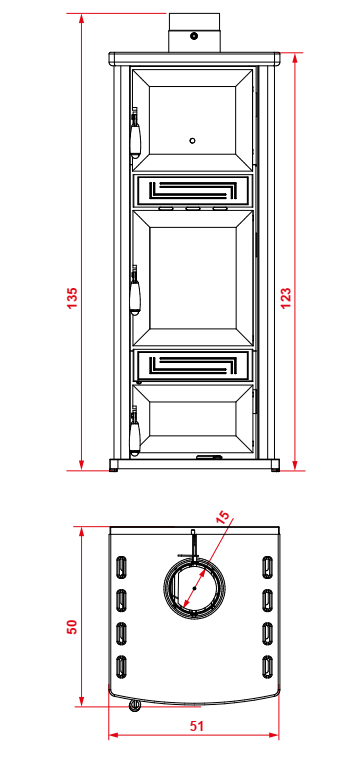 Stufa A Legna Con Forno 7kw In Metallo E Ceramica Cuoio, dettaglio del pannello comandi e della bocca di carico